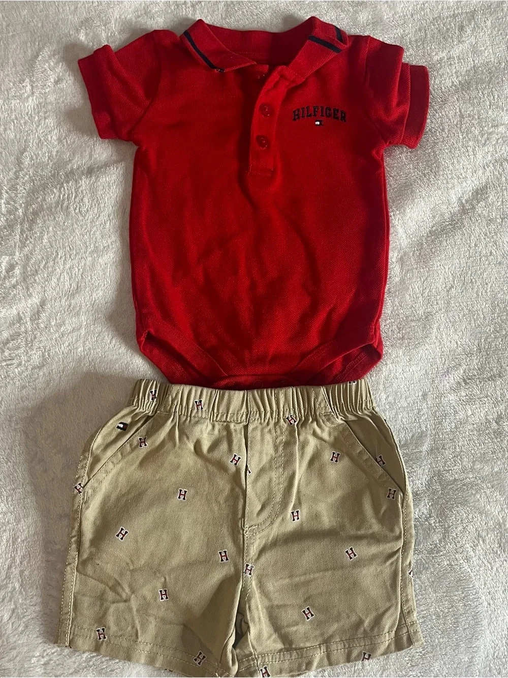 Tommy Hilfiger Baby Boy Red Polo Bodysuit & Logo Printed Twill Shorts Set 3~6M